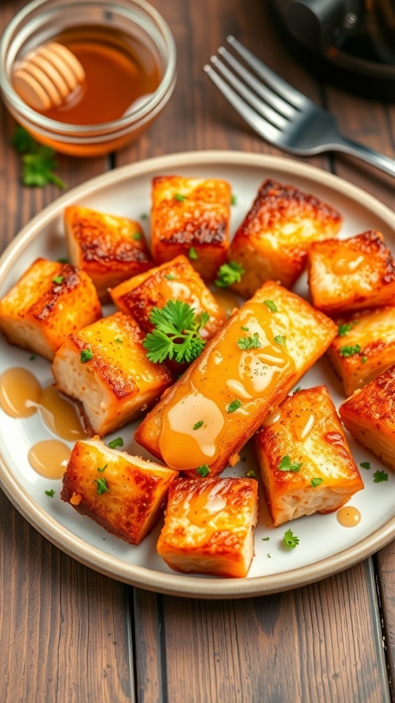Air Fryer Salmon Bites with Hot Honey Air fryer salmon bites drizzled with hot honey on a plate, garnished with parsley.